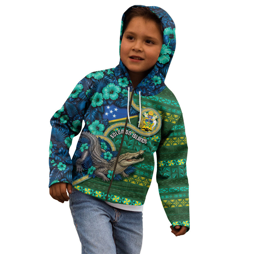 Personalised Solomon Islands Independence Day Kid Hoodie Crocodile Hibiscus Tribal Pattern