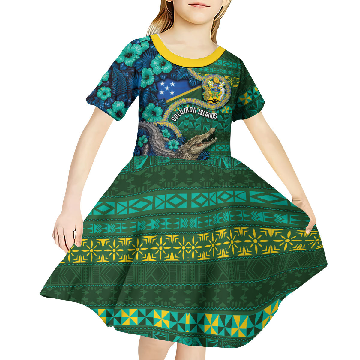 Personalised Solomon Islands Independence Day Kid Short Sleeve Dress Crocodile Hibiscus Tribal Pattern