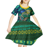Personalised Solomon Islands Independence Day Kid Short Sleeve Dress Crocodile Hibiscus Tribal Pattern