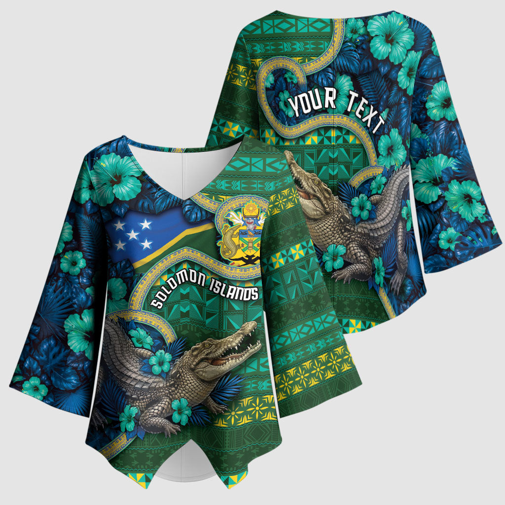 Personalised Solomon Islands Independence Day Kimono Sleeve Blouse Crocodile Hibiscus Tribal Pattern