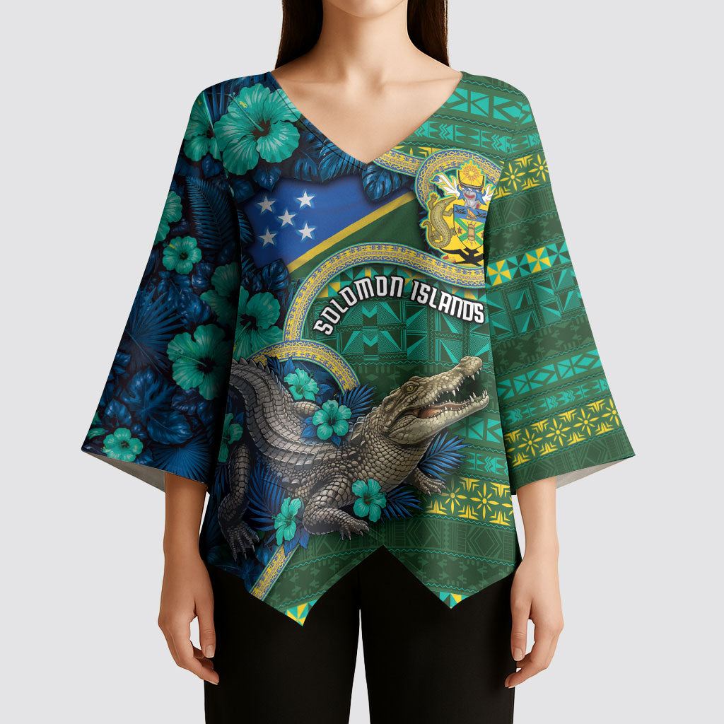 Personalised Solomon Islands Independence Day Kimono Sleeve Blouse Crocodile Hibiscus Tribal Pattern