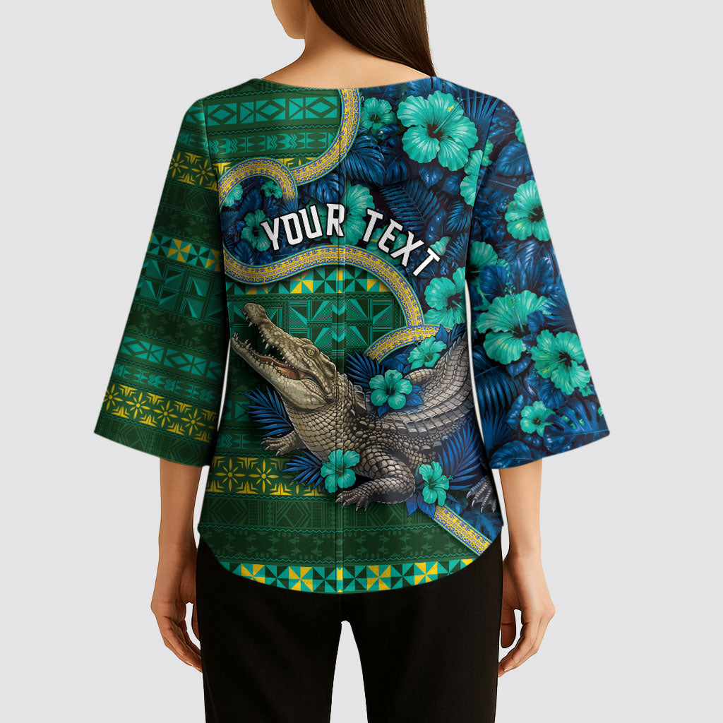 Personalised Solomon Islands Independence Day Kimono Sleeve Blouse Crocodile Hibiscus Tribal Pattern