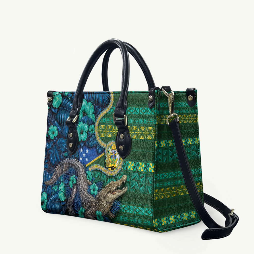 Solomon Islands Independence Day Leather Bag Crocodile Hibiscus Tribal Pattern DT05 Green - Polynesian Pride