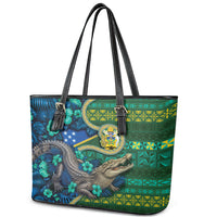Solomon Islands Independence Day Leather Tote Bag Crocodile Hibiscus Tribal Pattern DT05 - Polynesian Pride