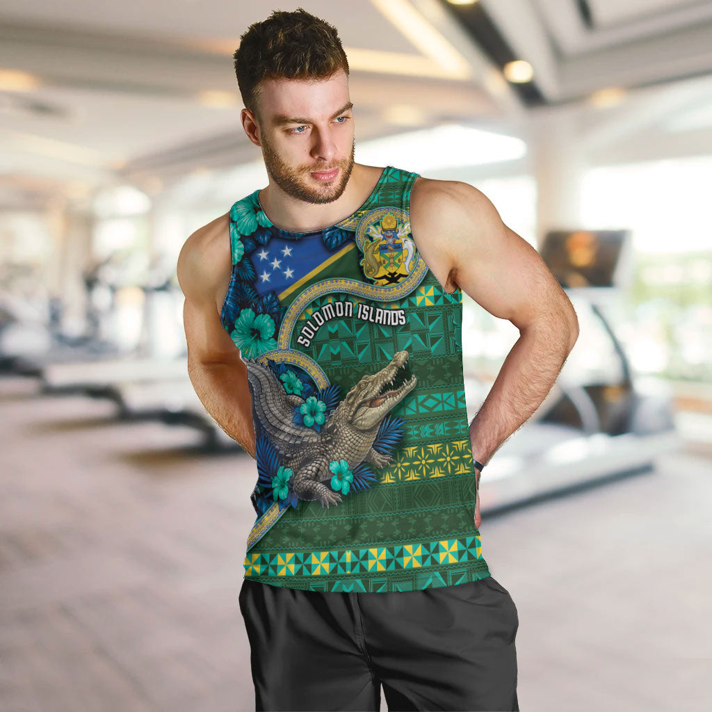 Personalised Solomon Islands Independence Day Men Tank Top Crocodile Hibiscus Tribal Pattern DT05 Green - Polynesian Pride