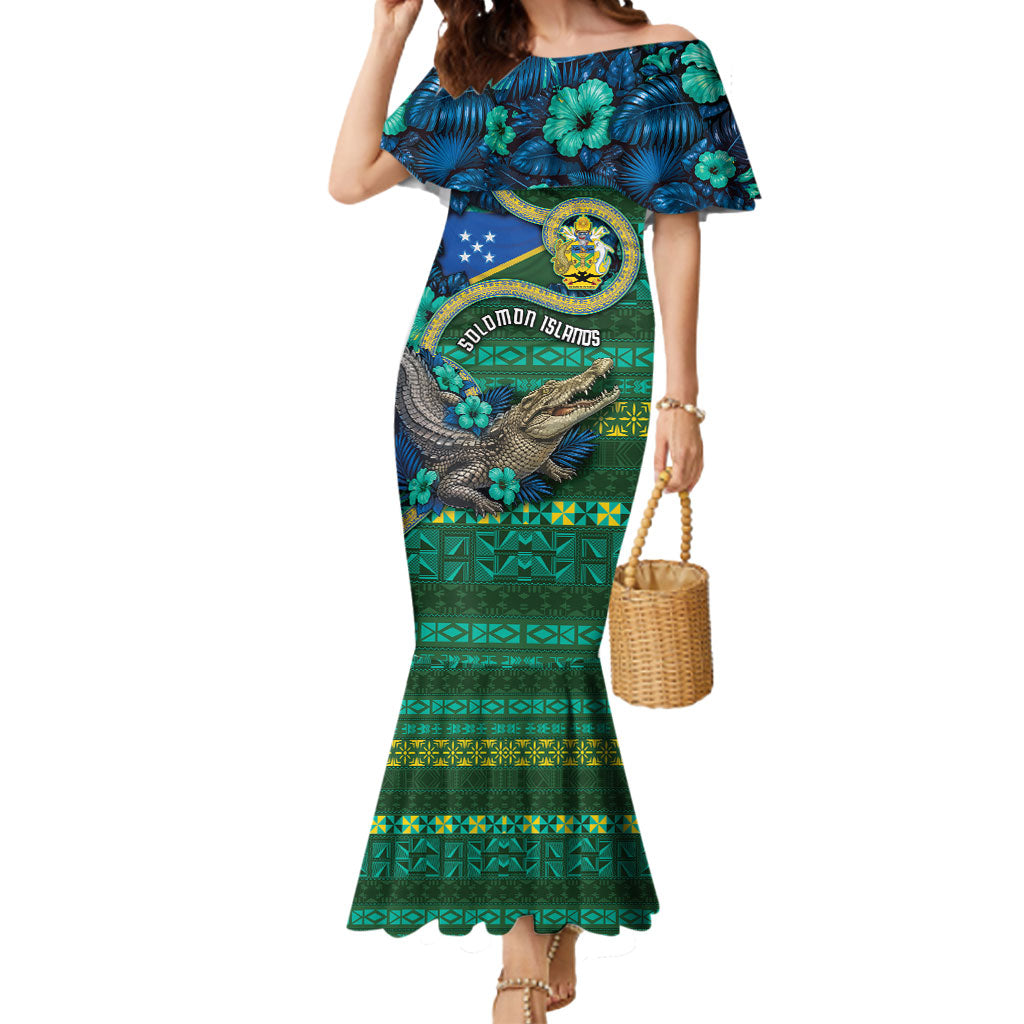 Personalised Solomon Islands Independence Day Mermaid Dress Crocodile Hibiscus Tribal Pattern