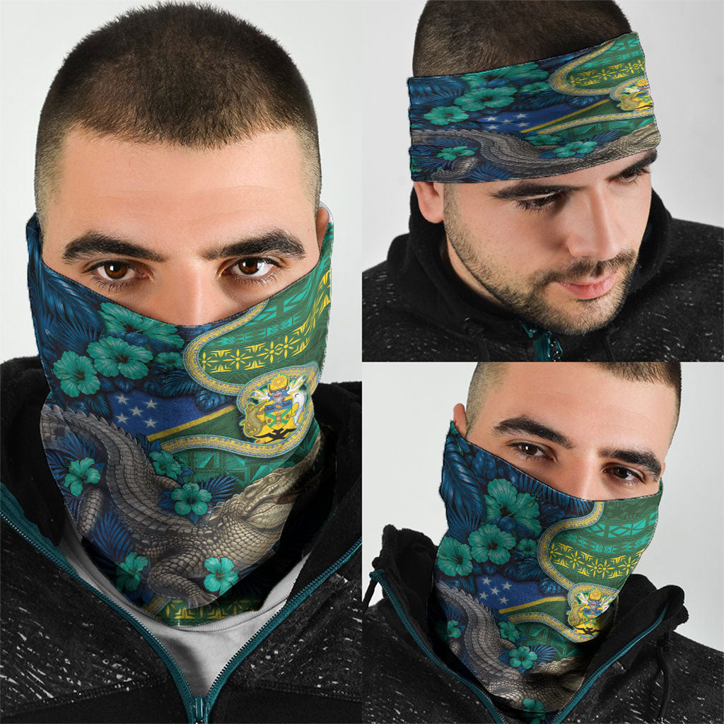 Solomon Islands Independence Day Neck Gaiter Crocodile Hibiscus Tribal Pattern DT05 - Polynesian Pride
