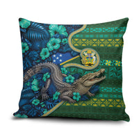 Solomon Islands Independence Day Pillow Cover Crocodile Hibiscus Tribal Pattern DT05 Green - Polynesian Pride