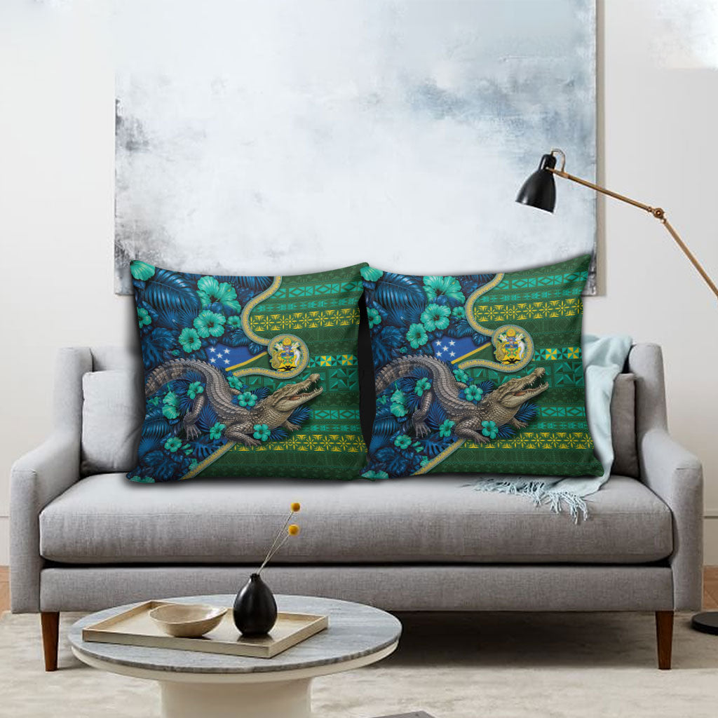 Solomon Islands Independence Day Pillow Cover Crocodile Hibiscus Tribal Pattern DT05 - Polynesian Pride