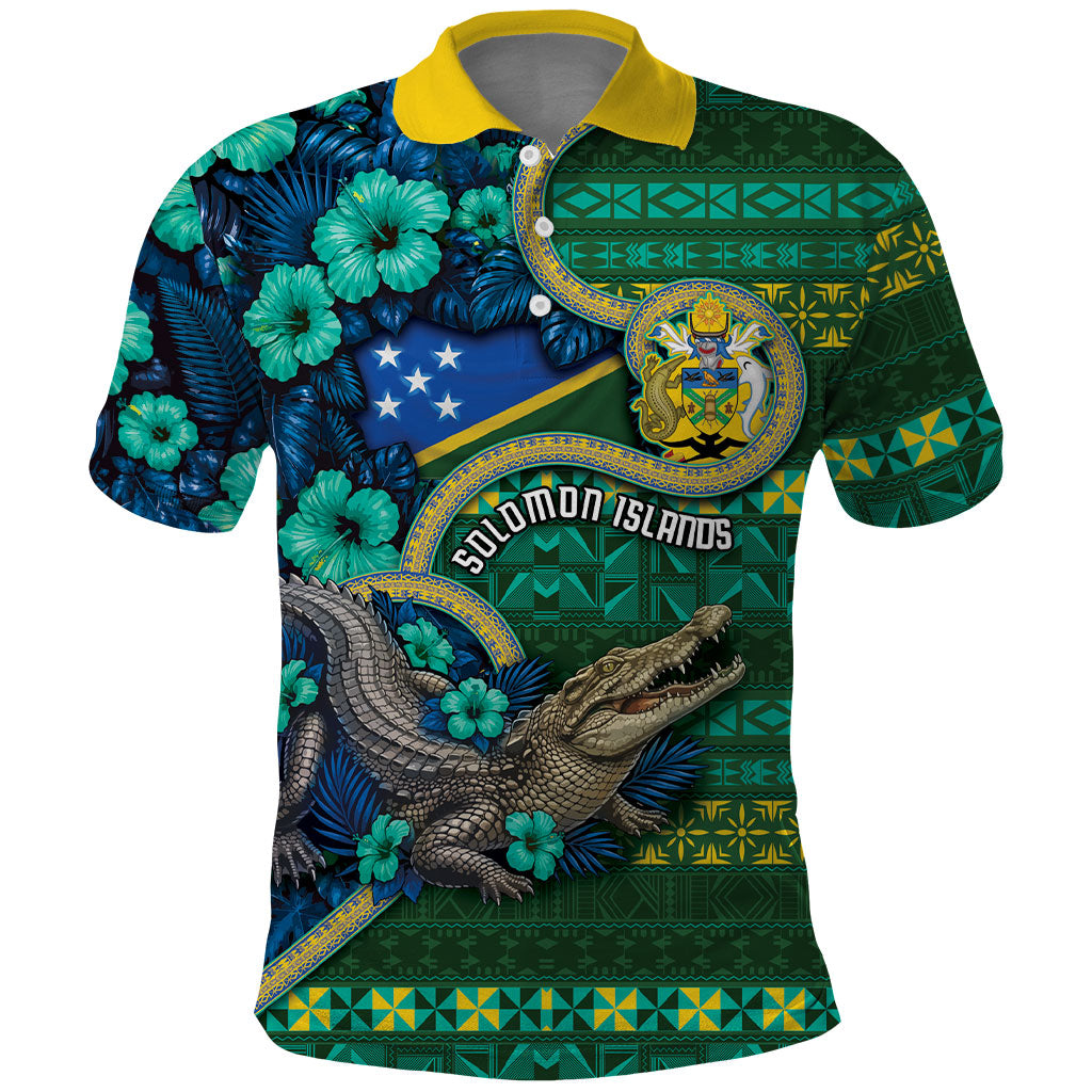 Personalised Solomon Islands Independence Day Polo Shirt Crocodile Hibiscus Tribal Pattern DT05 Green - Polynesian Pride