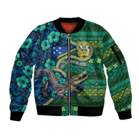 Personalised Solomon Islands Independence Day Sleeve Zip Bomber Jacket Crocodile Hibiscus Tribal Pattern DT05 Unisex Green - Polynesian Pride