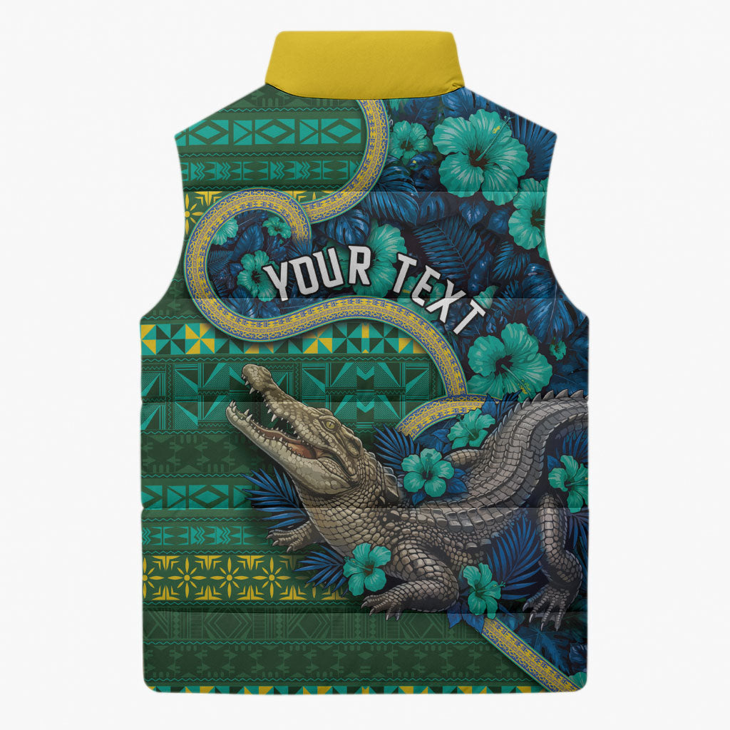 Personalised Solomon Islands Independence Day Sleeveless Puffer Jacket Crocodile Hibiscus Tribal Pattern DT05 - Polynesian Pride