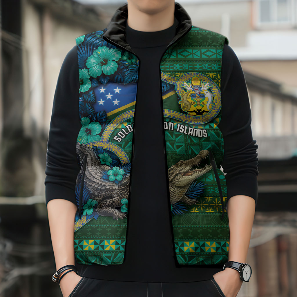 Personalised Solomon Islands Independence Day Sleeveless Puffer Jacket Crocodile Hibiscus Tribal Pattern DT05 - Polynesian Pride