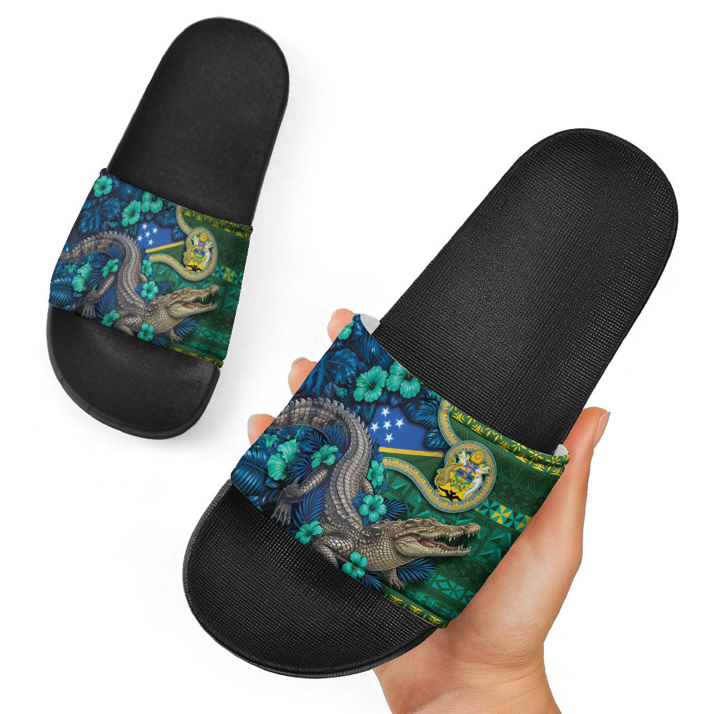 Solomon Islands Independence Day Slide Sandals Crocodile Hibiscus Tribal Pattern DT05 - Polynesian Pride