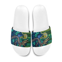 Solomon Islands Independence Day Slide Sandals Crocodile Hibiscus Tribal Pattern DT05 Green - Polynesian Pride