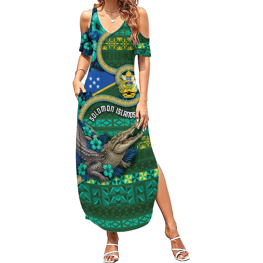 Personalised Solomon Islands Independence Day Summer Maxi Dress Crocodile Hibiscus Tribal Pattern