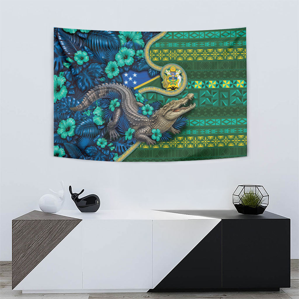 Solomon Islands Independence Day Tapestry Crocodile Hibiscus Tribal Pattern DT05 - Polynesian Pride
