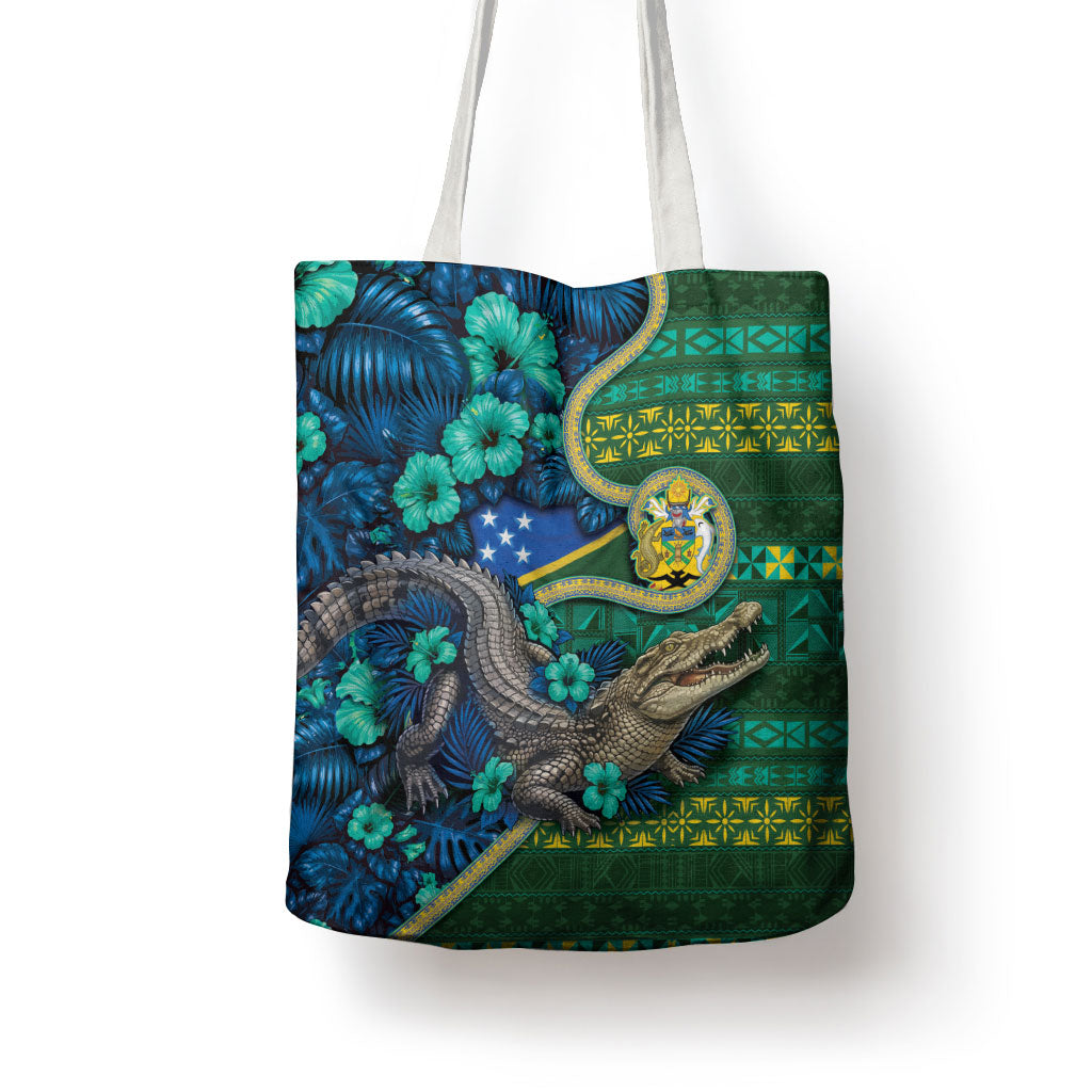 Solomon Islands Independence Day Tote Bag Crocodile Hibiscus Tribal Pattern DT05 - Polynesian Pride