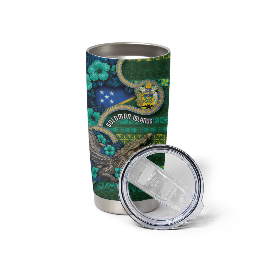 Personalised Solomon Islands Independence Day Tumbler Cup Crocodile Hibiscus Tribal Pattern