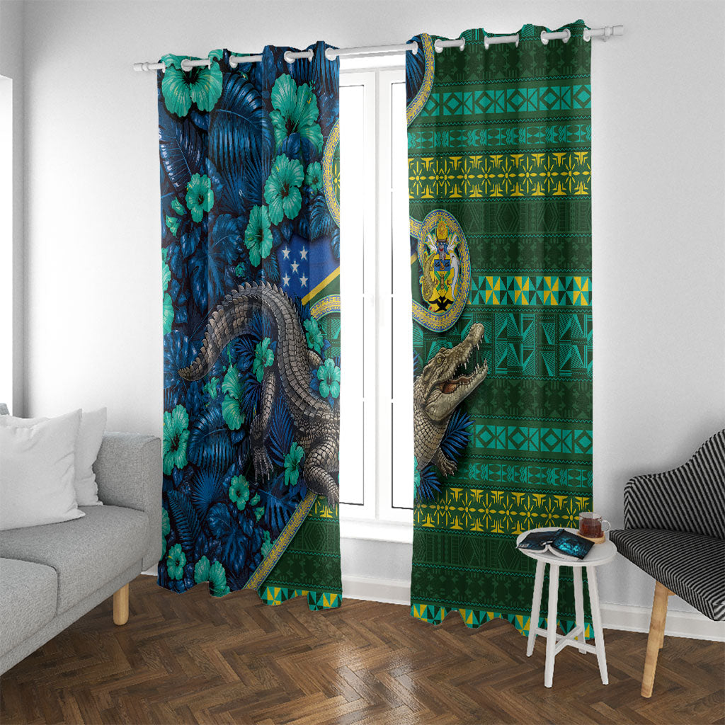 Solomon Islands Independence Day Window Curtain Crocodile Hibiscus Tribal Pattern DT05 With Grommets Green - Polynesian Pride