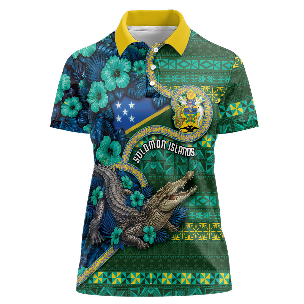 Personalised Solomon Islands Independence Day Women Polo Shirt Crocodile Hibiscus Tribal Pattern