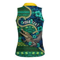 Personalised Solomon Islands Independence Day Women Sleeveless Polo Shirt Crocodile Hibiscus Tribal Pattern