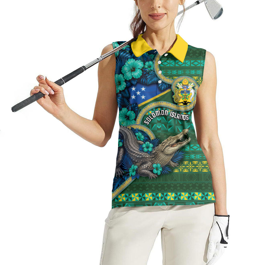 Personalised Solomon Islands Independence Day Women Sleeveless Polo Shirt Crocodile Hibiscus Tribal Pattern