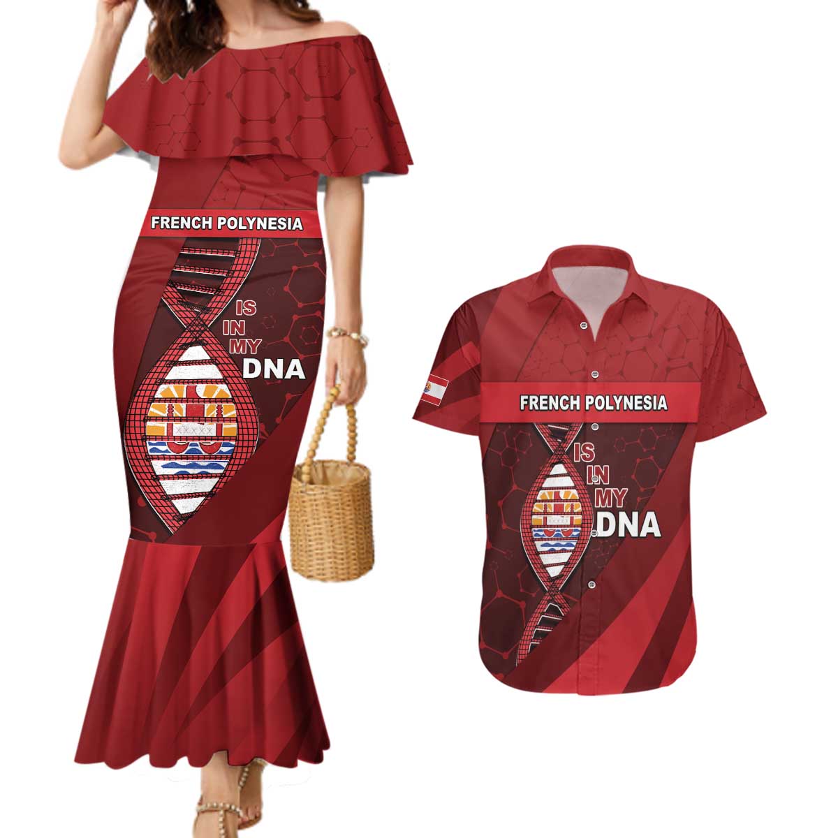 French Polynesia Is In My DNA Couples Matching Mermaid Dress and Hawaiian Shirt - Polynesian Pride