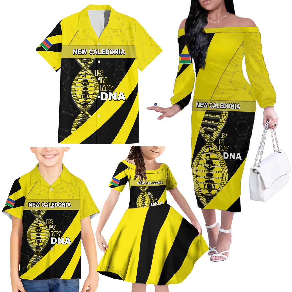 New Caledonia Is In My DNA Family Matching Off The Shoulder Long Sleeve Dress and Hawaiian Shirt DT05 - Polynesian Pride
