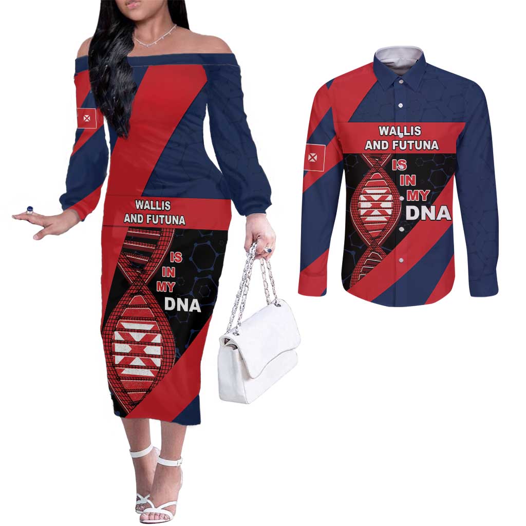 Wallis And Futuna Is In My DNA Couples Matching Off The Shoulder Long Sleeve Dress and Long Sleeve Button Shirt - Polynesian Pride