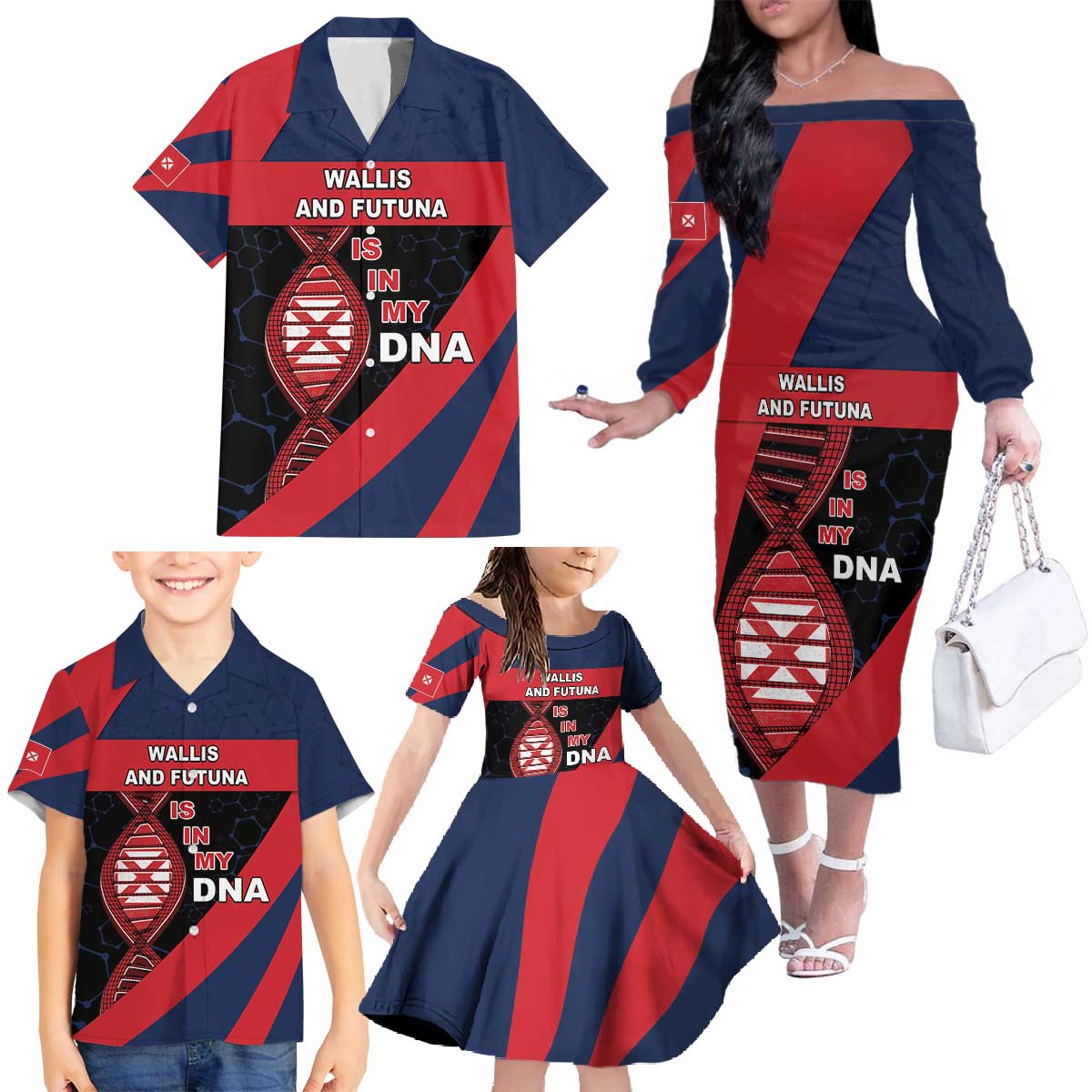 Wallis And Futuna Is In My DNA Family Matching Off The Shoulder Long Sleeve Dress and Hawaiian Shirt - Polynesian Pride