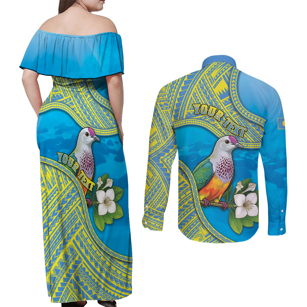 Personalised Palau Biib Bird Couples Matching Off Shoulder Maxi Dress and Long Sleeve Button Shirt Rur Flower And Rock Islands Patterns