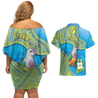 Personalised Palau Biib Bird Couples Matching Off Shoulder Short Dress and Hawaiian Shirt Rur Flower And Rock Islands Patterns