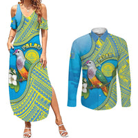 Personalised Palau Biib Bird Couples Matching Summer Maxi Dress and Long Sleeve Button Shirt Rur Flower And Rock Islands Patterns