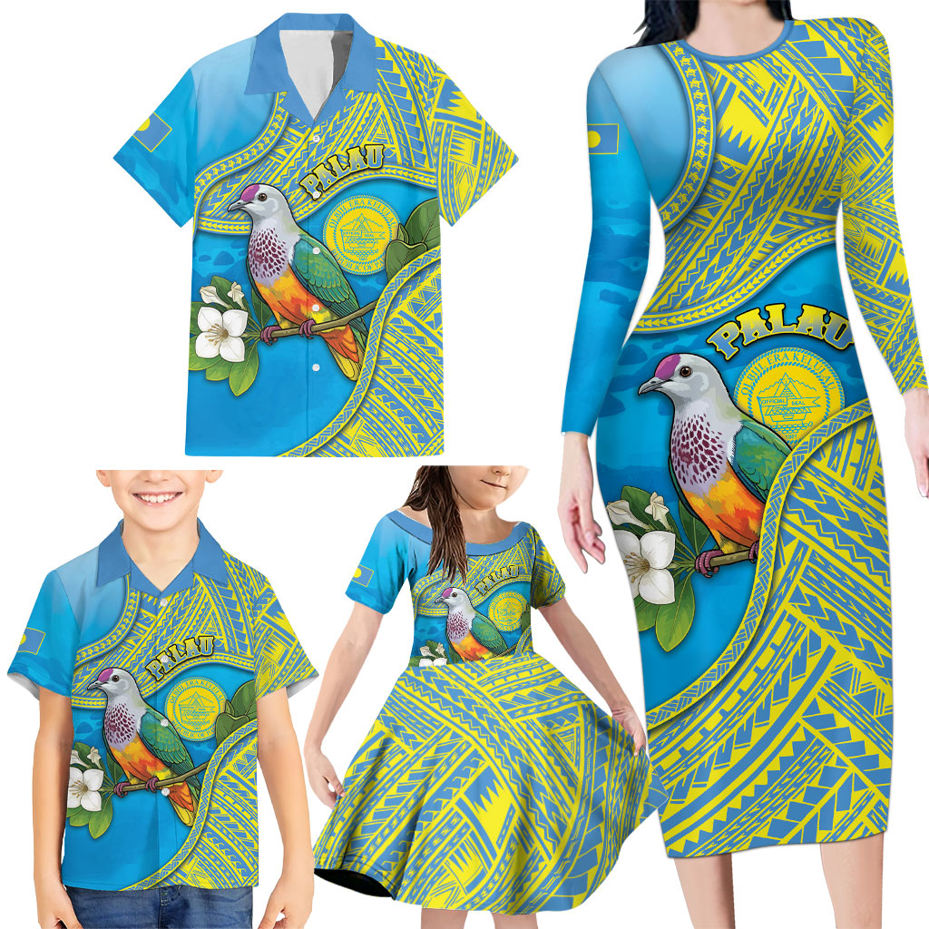 Personalised Palau Biib Bird Family Matching Long Sleeve Bodycon Dress and Hawaiian Shirt Rur Flower And Rock Islands Patterns DT05 - Polynesian Pride
