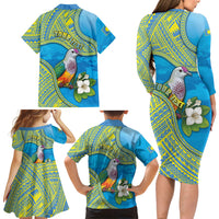 Personalised Palau Biib Bird Family Matching Long Sleeve Bodycon Dress and Hawaiian Shirt Rur Flower And Rock Islands Patterns
