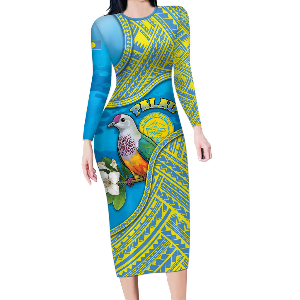Personalised Palau Biib Bird Family Matching Long Sleeve Bodycon Dress and Hawaiian Shirt Rur Flower And Rock Islands Patterns