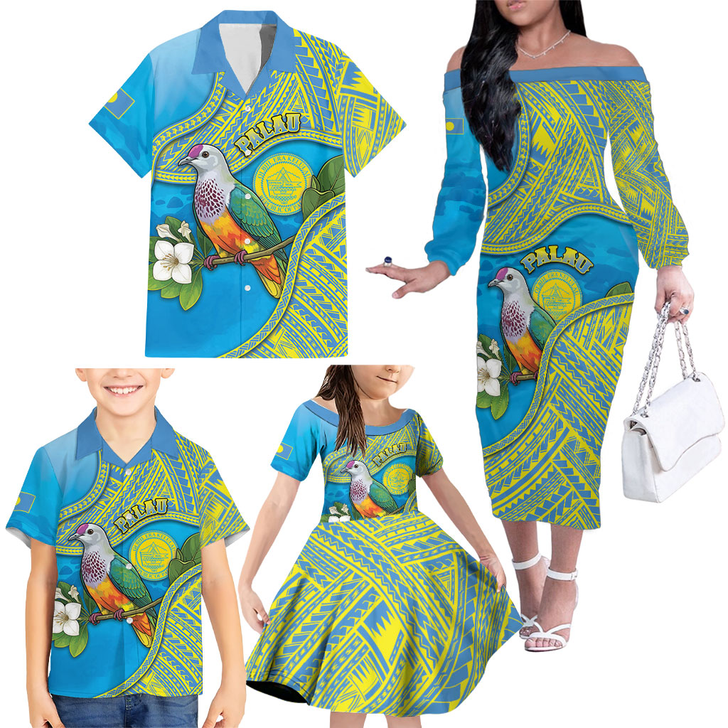 Personalised Palau Biib Bird Family Matching Off The Shoulder Long Sleeve Dress and Hawaiian Shirt Rur Flower And Rock Islands Patterns DT05 - Polynesian Pride