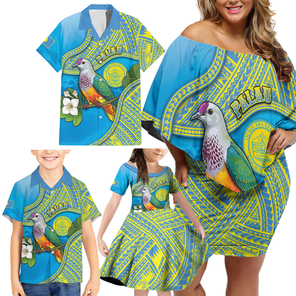 Personalised Palau Biib Bird Family Matching Off Shoulder Short Dress and Hawaiian Shirt Rur Flower And Rock Islands Patterns