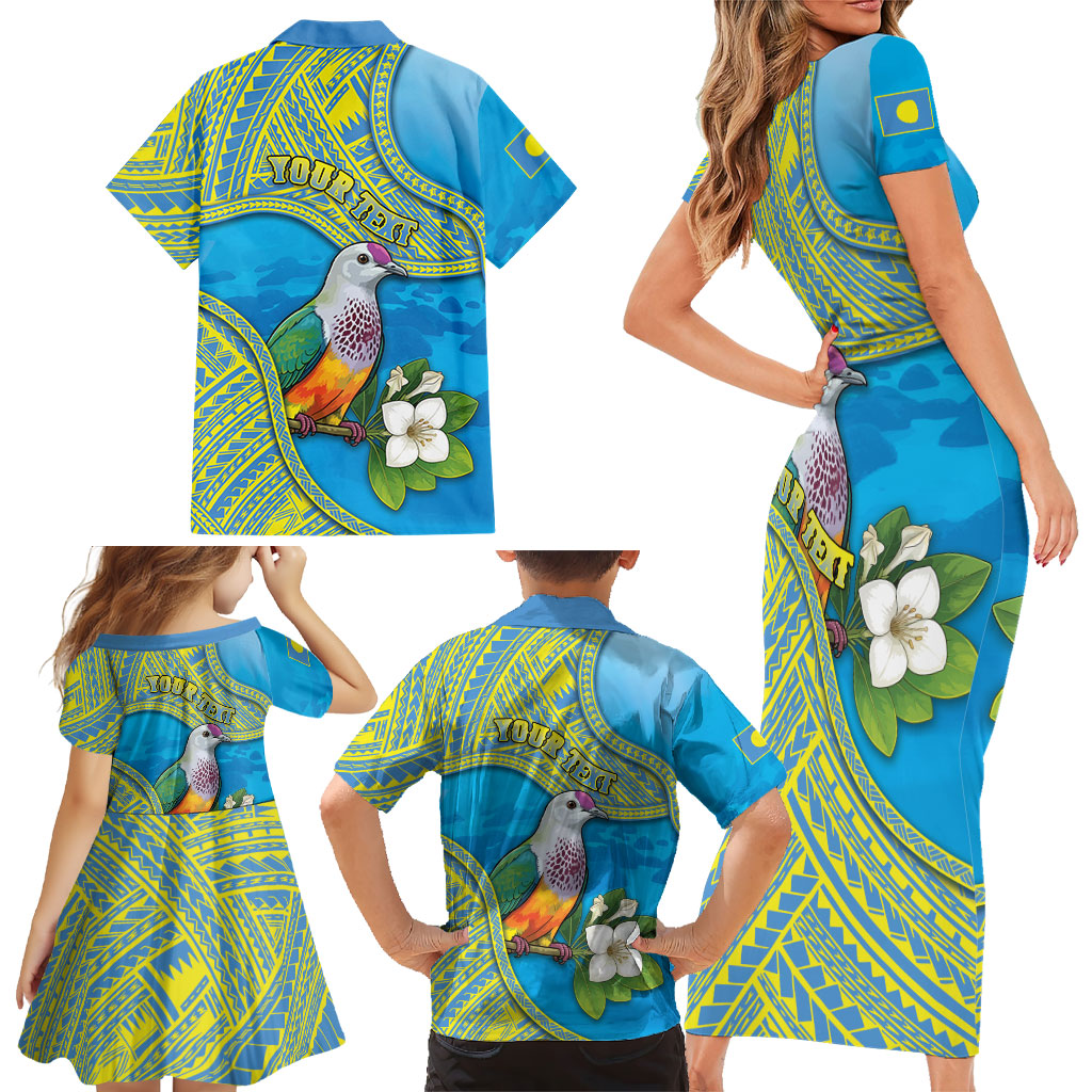 Personalised Palau Biib Bird Family Matching Short Sleeve Bodycon Dress and Hawaiian Shirt Rur Flower And Rock Islands Patterns