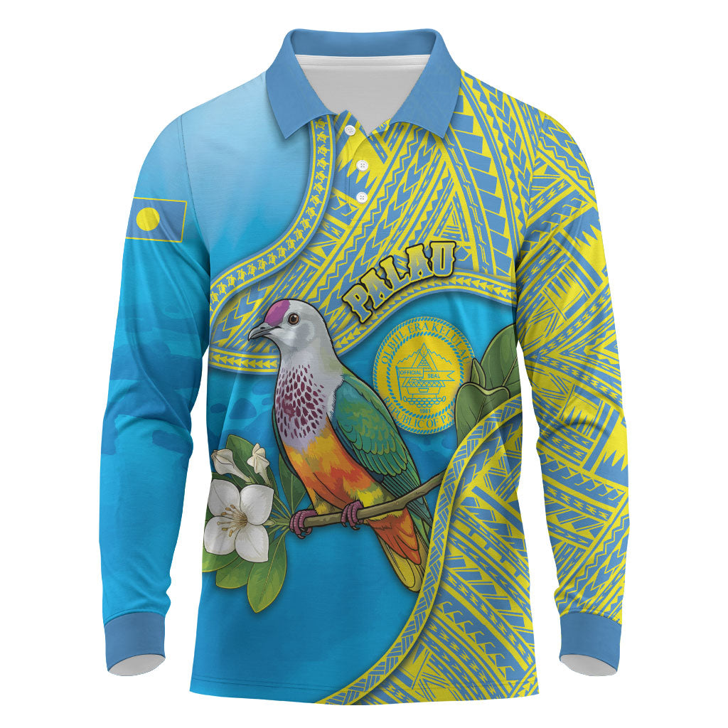 Personalised Palau Biib Bird Long Sleeve Polo Shirt Rur Flower And Rock Islands Patterns