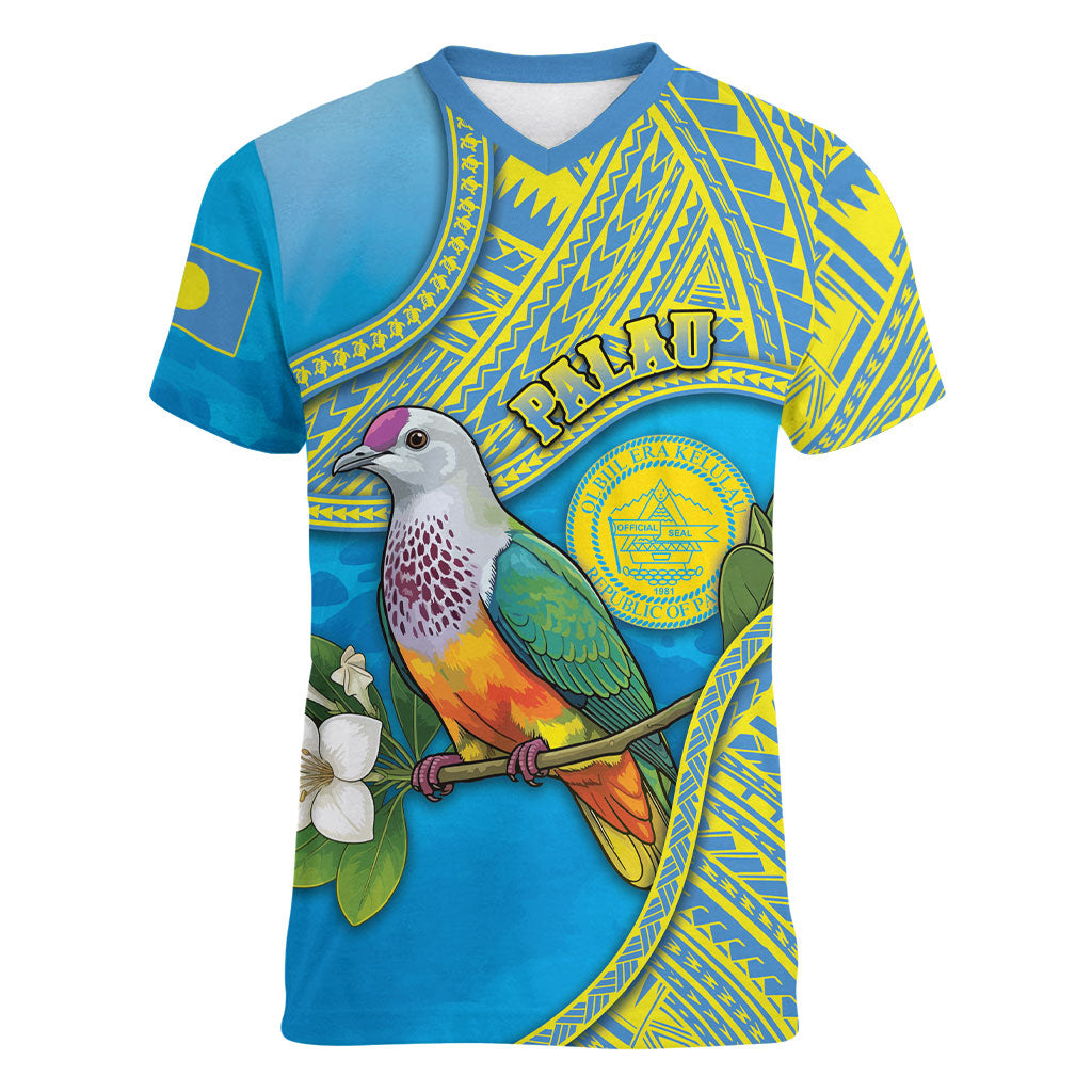 Personalised Palau Biib Bird Women V-Neck T-Shirt Rur Flower And Rock Islands Patterns