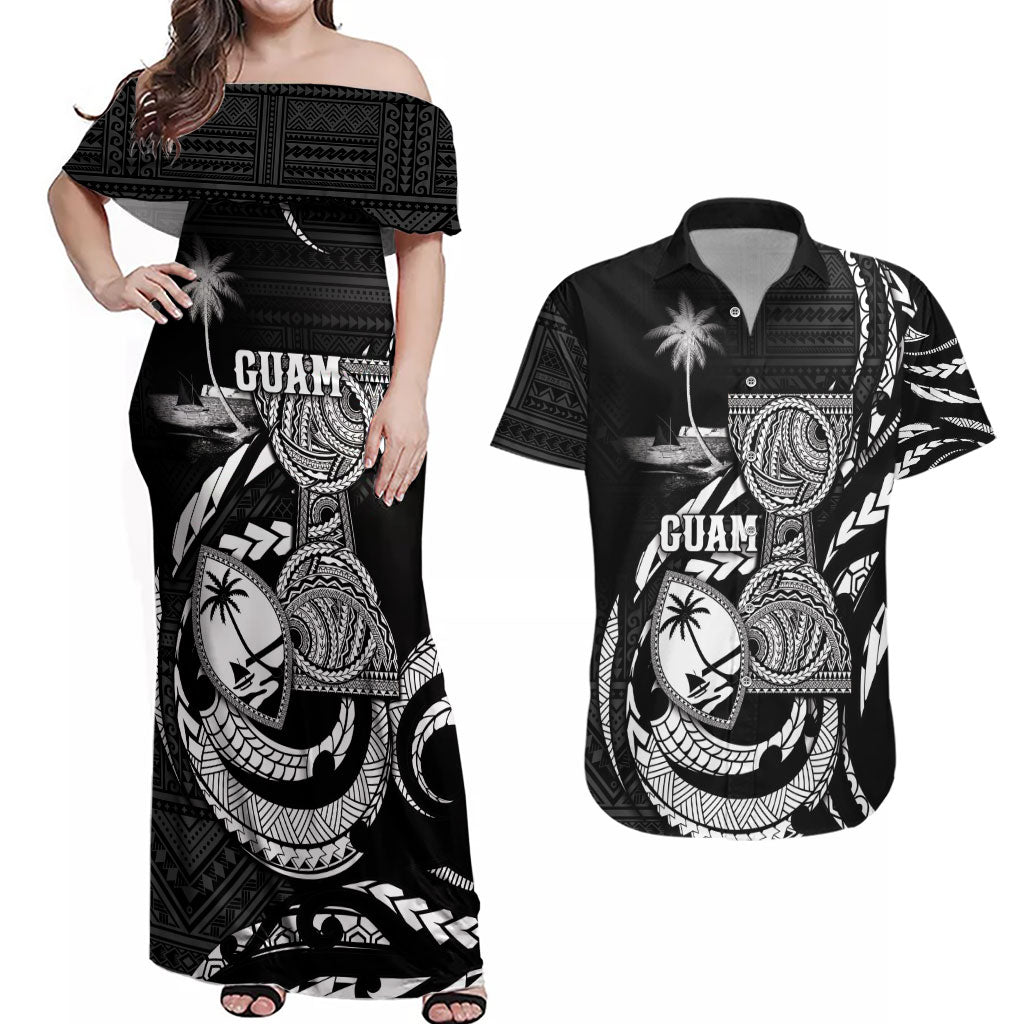 Personalised Guam Liberation Day Couples Matching Off Shoulder Maxi Dress and Hawaiian Shirt Black White Latte Stone Tribal Patterns