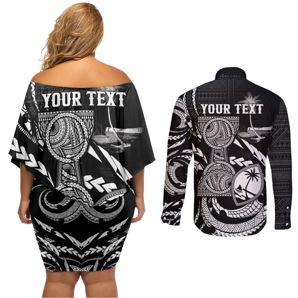 Personalised Guam Liberation Day Couples Matching Off Shoulder Short Dress and Long Sleeve Button Shirt Black White Latte Stone Tribal Patterns