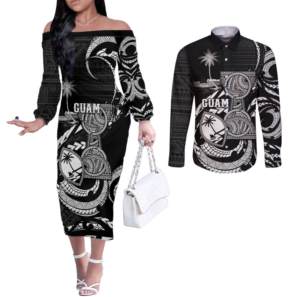 Personalised Guam Liberation Day Couples Matching Off The Shoulder Long Sleeve Dress and Long Sleeve Button Shirt Black White Latte Stone Tribal Patterns