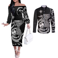 Personalised Guam Liberation Day Couples Matching Off The Shoulder Long Sleeve Dress and Long Sleeve Button Shirt Black White Latte Stone Tribal Patterns