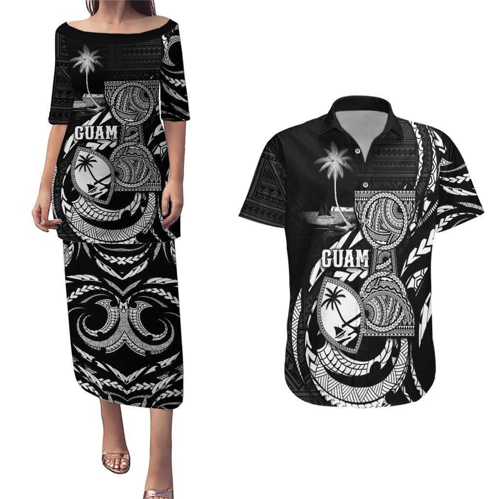 Personalised Guam Liberation Day Couples Matching Puletasi and Hawaiian Shirt Black White Latte Stone Tribal Patterns