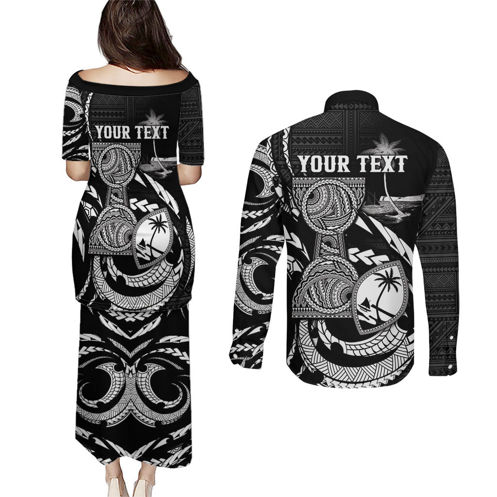 Personalised Guam Liberation Day Couples Matching Puletasi and Long Sleeve Button Shirt Black White Latte Stone Tribal Patterns