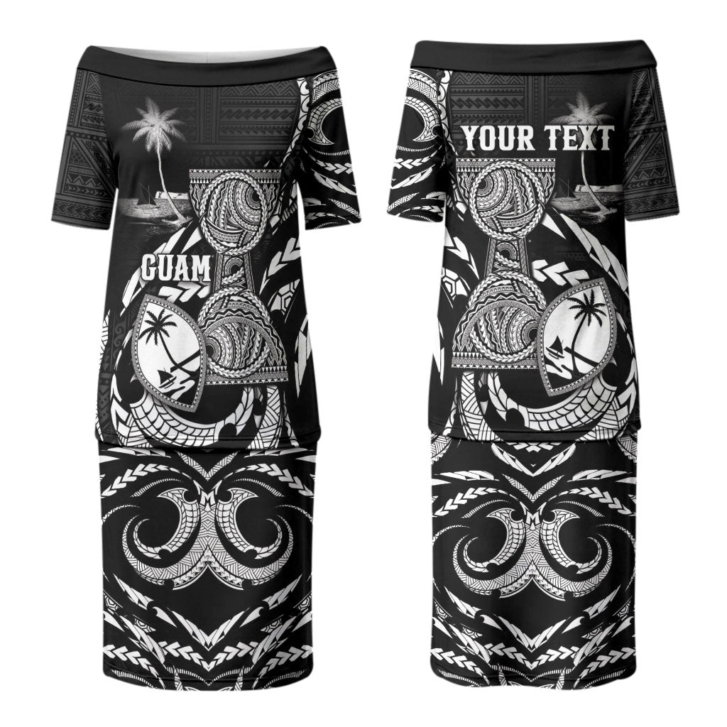 Personalised Guam Liberation Day Couples Matching Puletasi and Long Sleeve Button Shirt Black White Latte Stone Tribal Patterns DT05 - Polynesian Pride