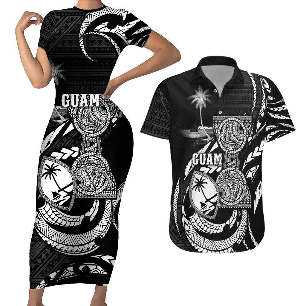 Personalised Guam Liberation Day Couples Matching Short Sleeve Bodycon Dress and Hawaiian Shirt Black White Latte Stone Tribal Patterns DT05 Black - Polynesian Pride